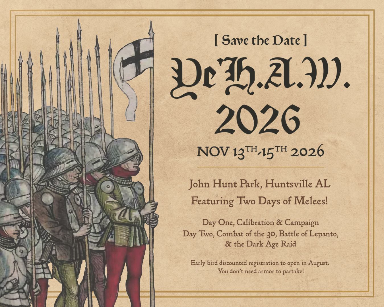 Poster of Ye Ol' Huntsville Armor Weekend 2026, a mixed Armor as Worn group fighting experience happening November 13th to 15th at John Hunt Park in Huntsville, Alabama.